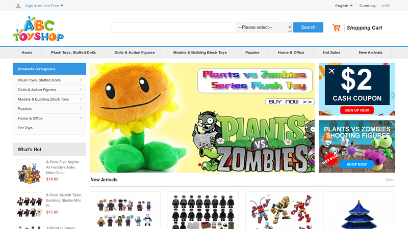 Online store sells plush toys, action figures, building block toys with free shipping