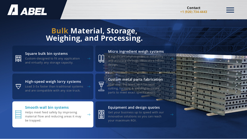 Industry-Leading Bulk Material Handling Equipment Design, Manufacturing & Supply | Free-flowing material plant design & construction | Remodel, system retrofit, multi-plant consolidation | Bulk material flow design consultants | Abel LLC Appleton, Wisconsin 54913