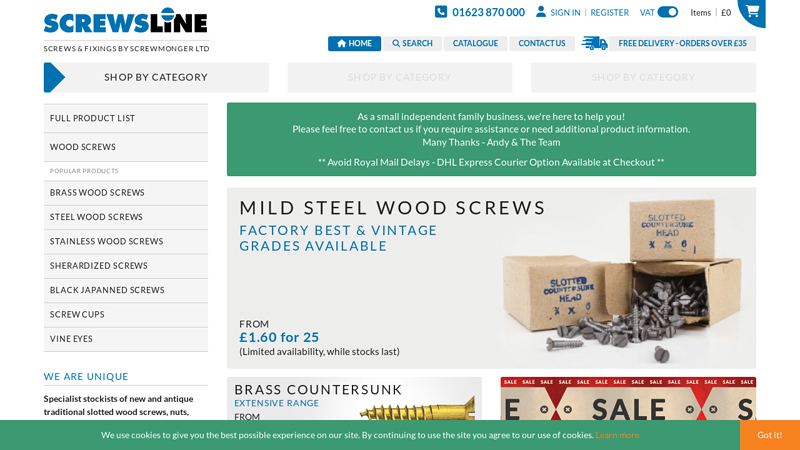 Screwsline - Specialists in new & vintage brass, chrome, steel and stainless slotted wood screws, nuts, bolts, washers, ironmongery & more