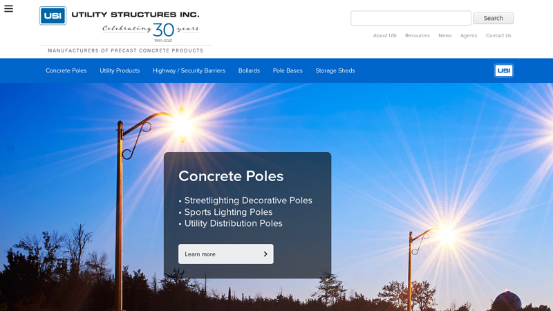 USI - Utility Structures Inc. - Concrete Poles - Precast Concrete Utility Products - Highway and Security Barriers - Bollards - Pole Bases - Storage Sheds