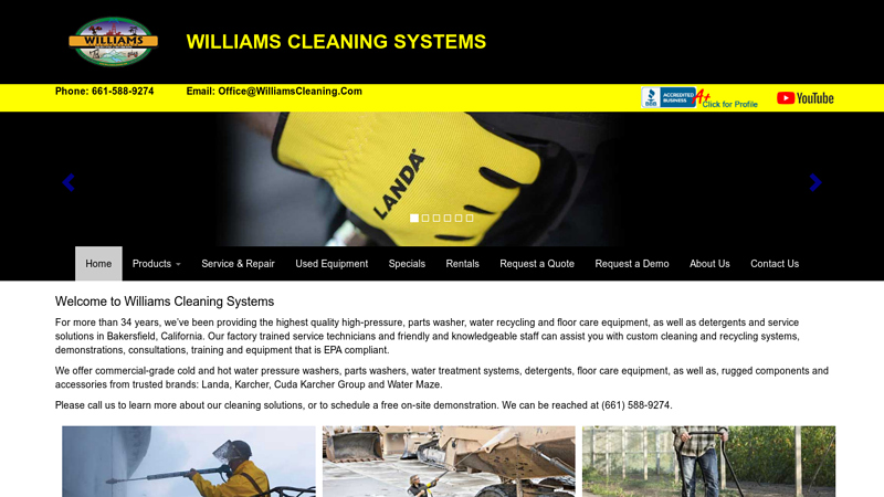 Williams Cleaning Systems is Bakersfield Californias premier Landa pressure washer, Cuda parts washing, Water Maze water recycling, and Karcher floor care equipment dealer.